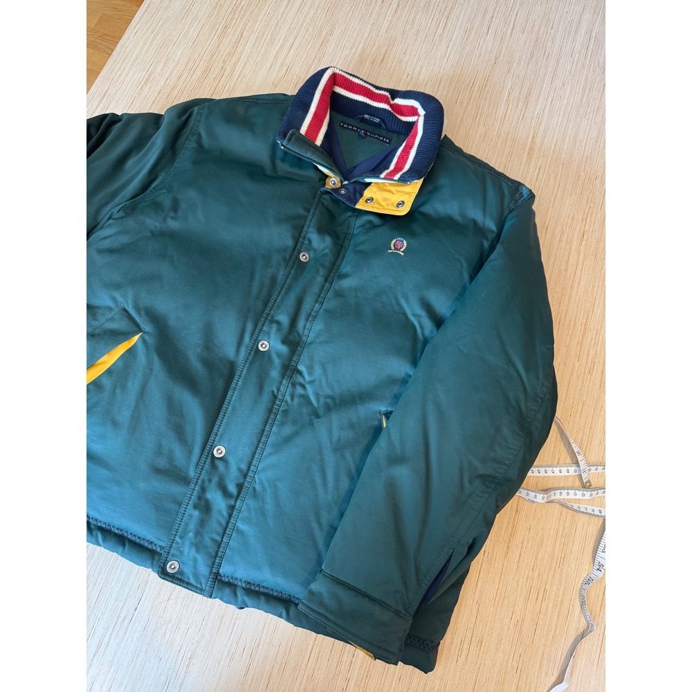 Vintage Tommy Hilfiger Green Puffer Jacket Mens Large Crest Logo Colorblock 44